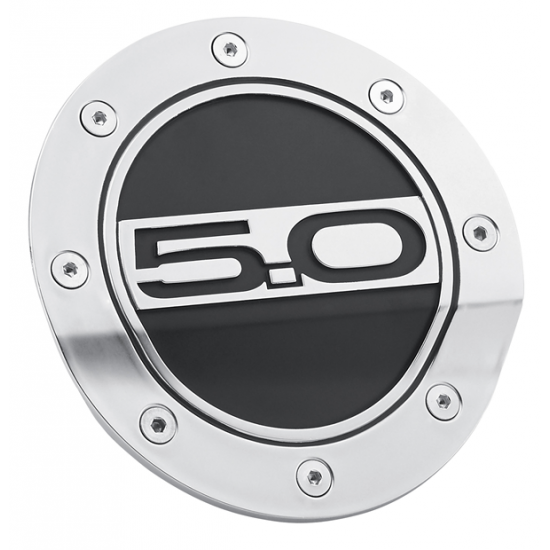 Drake Fuel Door Silver + Black with 5.0 logo 2015-2022 Mustang
